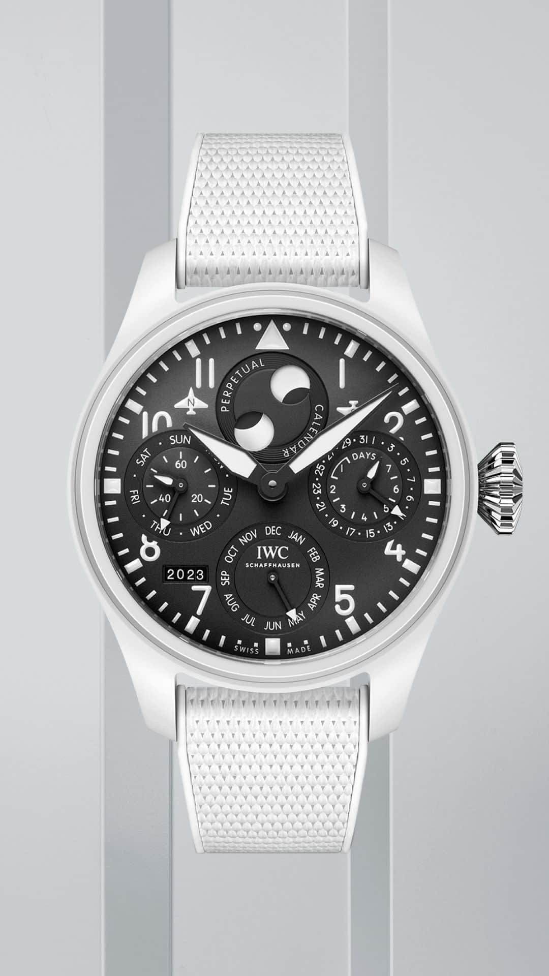 IWCのインスタグラム：「Introducing the #IWCbigpilot’s Watch Perpetual Calendar Top Gun Lake Tahoe (Ref. IW503008).  🔗Link in Bio   ℹ Black dial Ceramic case, 46.5mm IWC-manufactured 52615 Calibre See-through sapphire glass back」