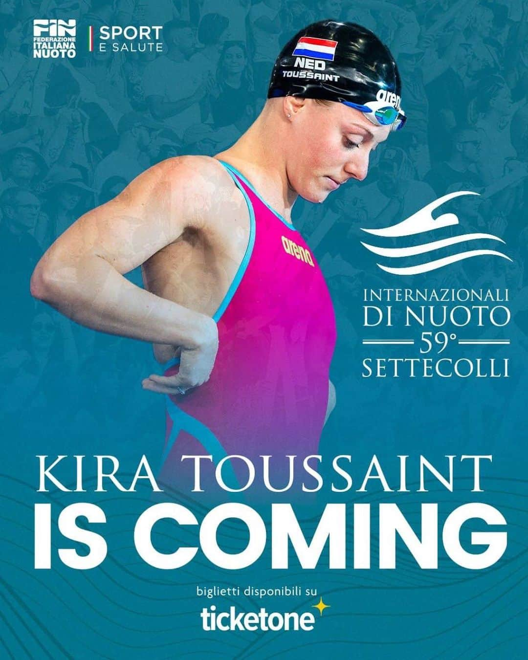 キーラ・トゥサントのインスタグラム：「Daughter of art, a long palmares, holder of the European record in the 50 backstroke.  59º Settecolli 🗓️ 23-25 giugno 📍 Stadio del Nuoto - Foro Italico 🎟️ Biglietti disponibili su Ticketone (link in bio) . . #nuoto #swimming #settecolli #roma #roadto」