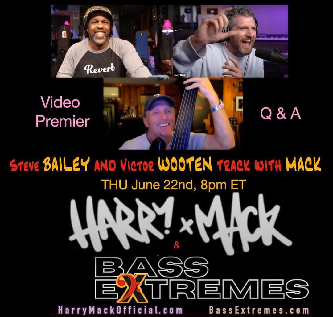 ヴィクター・ウッテンのインスタグラム：「Bass Extremes meets @harrymack  Thursday June 22 at 8pm.  Join us online.  The great one-of-a-kind freestyle rapper Harry Mack got together with Victor Wooten and Steve Bailey, (Bass Extremes) and magic happened. So cool that they made a Music Video around the song that was created.  This is freestyle virtuosity at its highest level, and stopped us in our tracks.  Thursday Night, June 22, 8pm ET  LINK to event.  https://berklee.zoom.us/j/96838152631」