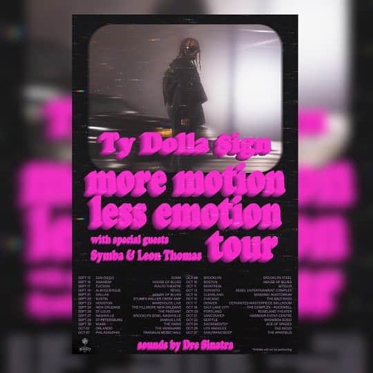 レオン・トーマス3世のインスタグラム：「Excited to announce that I’ll be on the More Motion Less Emotion tour with @tydollasign and @therealsymba!! Tickets go on sale this Friday at 10 AM!!」