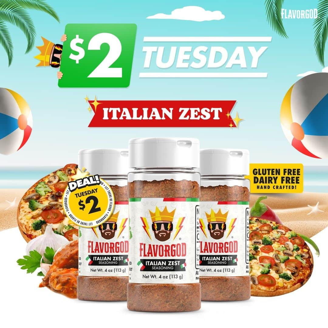 Flavorgod Seasoningsさんのインスタグラム写真 - (Flavorgod SeasoningsInstagram)「$2 Tuesday!! Seasoning: Italian Zest Seasoning!🍃⁠ -⁠ Click link in the bio -> @flavorgod⁠ www.flavorgod.com⁠ -⁠ I crafted FlavorGod Italian Zest to resonate like a traditional Italian seasoning while possessing the signature progression of flavors my Combo Packs are known for. Italian Zest is full of aromatics herbs along with a perfect balance of mild chilies, garlic, and a pinch of sea salt to create an everyday Italian seasoning that can be used for breakfast, lunch dinner, and for traveling foodies. My FlavorGod Italian Zest will add the flavors of an authentic Italian kitchen to your dishes.⁠ -⁠ Flavor God Seasonings are:⁠ 🍃ZERO CALORIES PER SERVING⁠ 🍃MADE FRESH⁠ 🍃MADE LOCALLY IN US⁠ 🍃FREE GIFTS AT CHECKOUT⁠ 🍃GLUTEN FREE⁠ 🍃#PALEO & #KETO FRIENDLY⁠ -⁠ #food #foodie #flavorgod #seasonings #glutenfree #mealprep #seasonings #breakfast #lunch #dinner #yummy #delicious #foodporn」6月21日 3時01分 - flavorgod