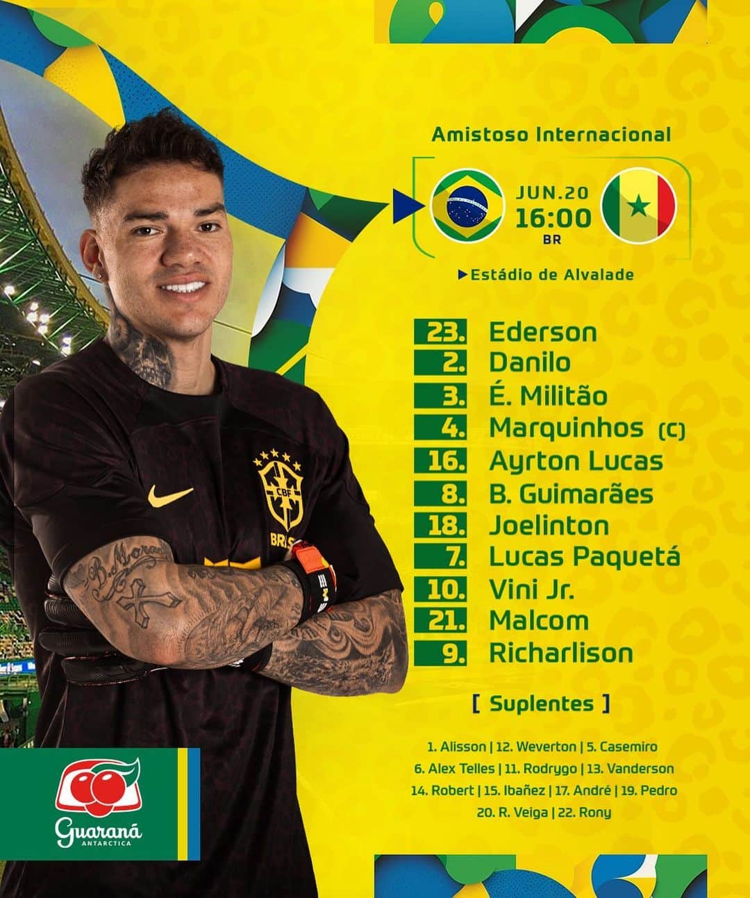 のインスタグラム：「BRASIL ESCALADO!  Vamos assim para a partida contra Senegal 💛💚  Brasil 🇧🇷x🇸🇳 Senegal ⏰: 16 horas (horário de Brasília) 🏟️: Estádio Alvalade, em Lisboa, Portugal 📺: @tvglobo e @sportv」