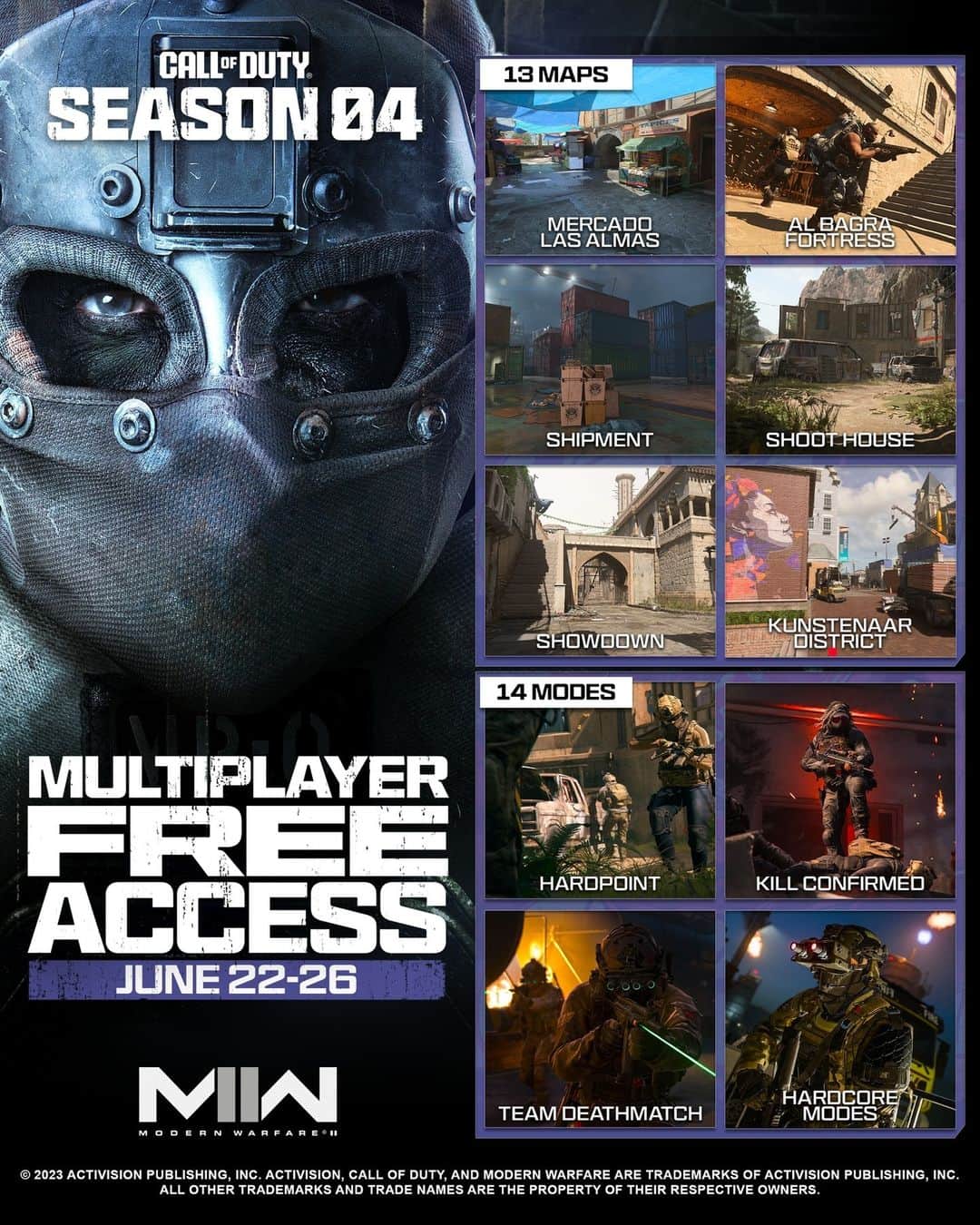 Call of Dutyのインスタグラム：「An action-packed weekend featuring new Season 04 maps is ahead. Enjoy #MWII Multiplayer for free starting June 22 📆」