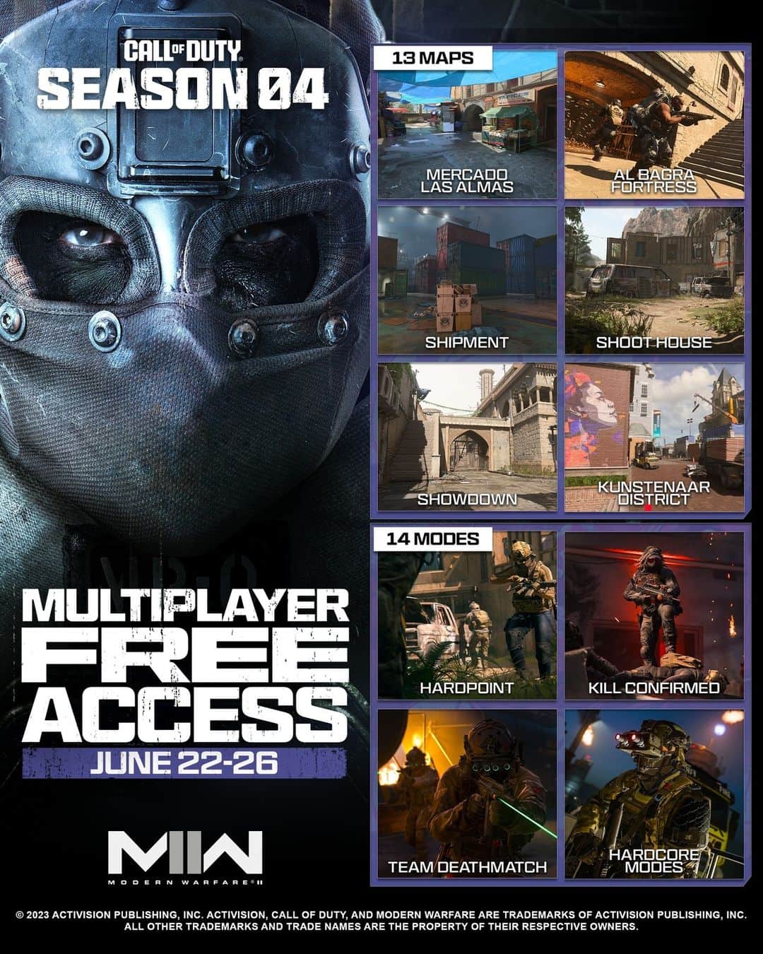 のインスタグラム：「An action-packed weekend featuring new Season 04 maps is ahead. Enjoy #MWII Multiplayer for free starting June 22 📆」