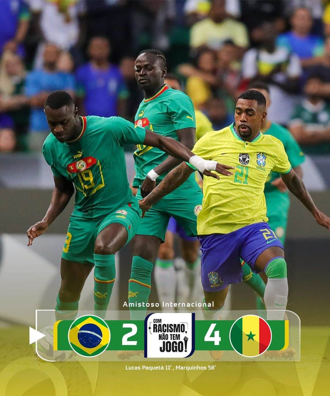 のインスタグラム：「FIM DA SÉRIE DE AMISTOSOS  Após dois amistosos contra Guiné (4x1) e Senegal (2x3), Seleção Brasileira volta a campo em setembro contra a Bolívia pelas Eliminatórias da Copa do Mundo de 2026  📸: @jo.marconne/CBF」