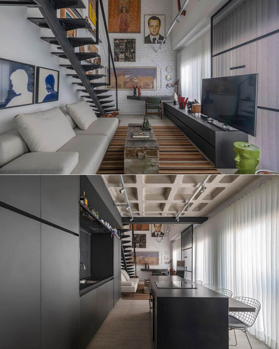 Inspirationさんのインスタグラム写真 - (InspirationInstagram)「Localizado em Belo Horizonte (MG), este apartamento duplex de 64m² foi transformado em um refúgio de férias e espaço de exposição de arte. Com a ajuda do arquiteto Júnior Piacesi, do escritório (@piacesiarquitetura), o projeto se concentrou em soluções de marcenaria para otimizar os pequenos espaços, sem demolir paredes.  A estética industrial, baseada em tons sóbrios, foi complementada com móveis e obras de arte pessoais, resultando em um ambiente contemporâneo e acolhedor. O destaque vai para a cabeceira estofada com lona antiga trazida da Bahia. Uma combinação perfeita de funcionalidade e estilo para as férias na capital mineira.  📸 @estudiony18」6月21日 7時28分 - decorcriative