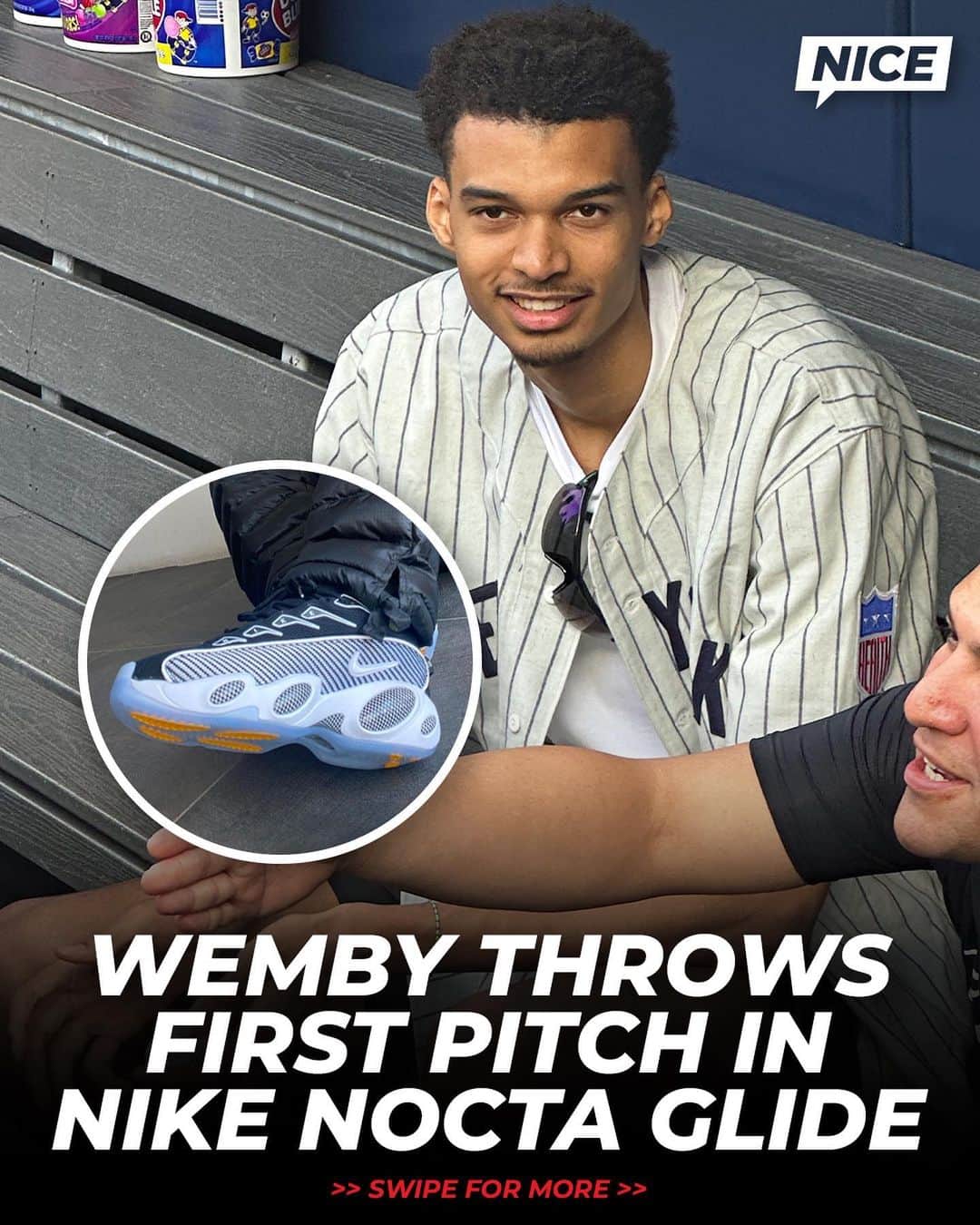 Nice Kicksさんのインスタグラム写真 - (Nice KicksInstagram)「@wemby hit Yankee Stadium ahead of the 2023 NBA Draft to throw the first pitch and rocked Drake’s upcoming Nike NOCTA Glide 👽⚾️ Look how small the baseball is in his hands 😳  📸: @joon」6月21日 8時32分 - nicekicks