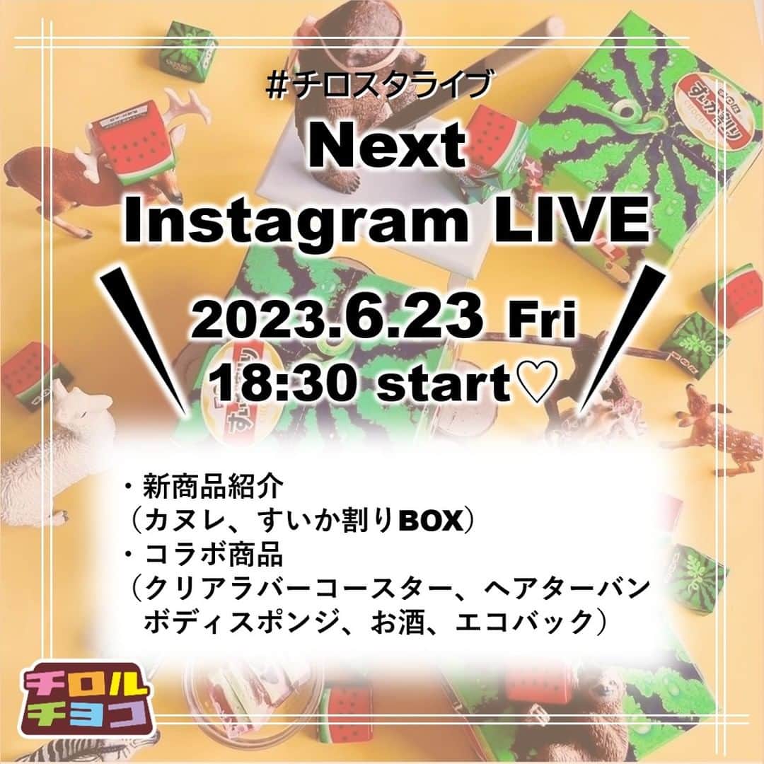 のインスタグラム：「＼チロスタライブ告知／  次回のインスタライブは…🥳🤳 6月23日（金）18：30スタート⭐  ちょっぴり久々の会です…😉💘  チロル新商品やコラボ商品などをご紹介します🥰🔥 特にコラボ商品もり沢山ですので、お楽しみに～😘✨  みなさん是非ご参加ください💕 コメント、ご質問などもどしどしお待ちしております～🤗🤗  ※時間変更等がある場合はストーリーズでお伝えしますのでご確認ください🙏  #チロスタライブ #チロルチョコ #チロルチョコアウトレット #チロル #お菓子 #チロリスト #チロラー #スイーツ #おやつ #すいか #新商品情報 #チロルチョコ新商品」