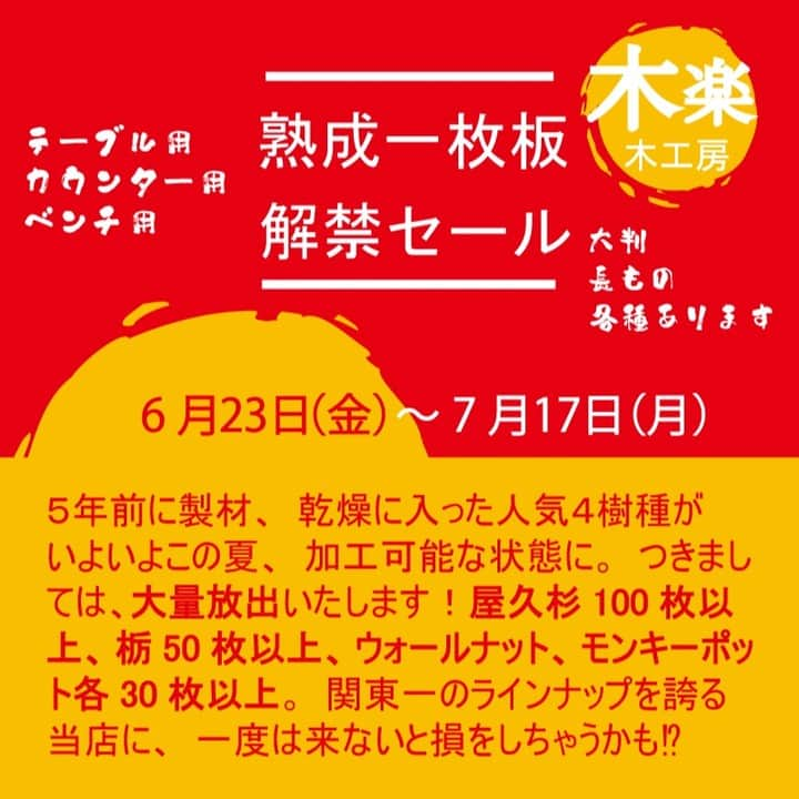 木楽木工房のインスタグラム：「熟成完了❗️　解禁セール 6/23(金)～7/12(月) テーブル用一枚板、一挙大放出🎉  屋久杉100枚以上 枚 トチ50枚以上 ウォールナット、モンキーポット各30以上  お店の体制が整い始めたちょうど5年前、大量に乾燥を始めた人気の4樹種がこの時期、次々と熟成期を迎えます👍  5年の乾燥期間を経て、一枚板に加工できる時期がついに到来😎  通常ラインナップに合わせて総計1000枚の一枚板を大倉庫にて一挙大公開、大放出します❗️  高級店で少ない完成品を見比べるより、大量の下仕上げ済み一枚板を比較、購入する方が、だんぜんお得に良い品が手に入ります😌  テーブル脚プレゼント、配送無料は通常どおり実施中🫡  このビッグチャンスをお見逃しなく😆  一枚板をお考えの方、一度は来ないと損をしちゃうかも⁉  #テーブル一枚板　#カウンター一枚板　#ベンチ一枚板　#一枚板テーブル　#熟成　#乾燥　#セール　#屋久杉　#栃　#ウォルナット　#モンキーポット」