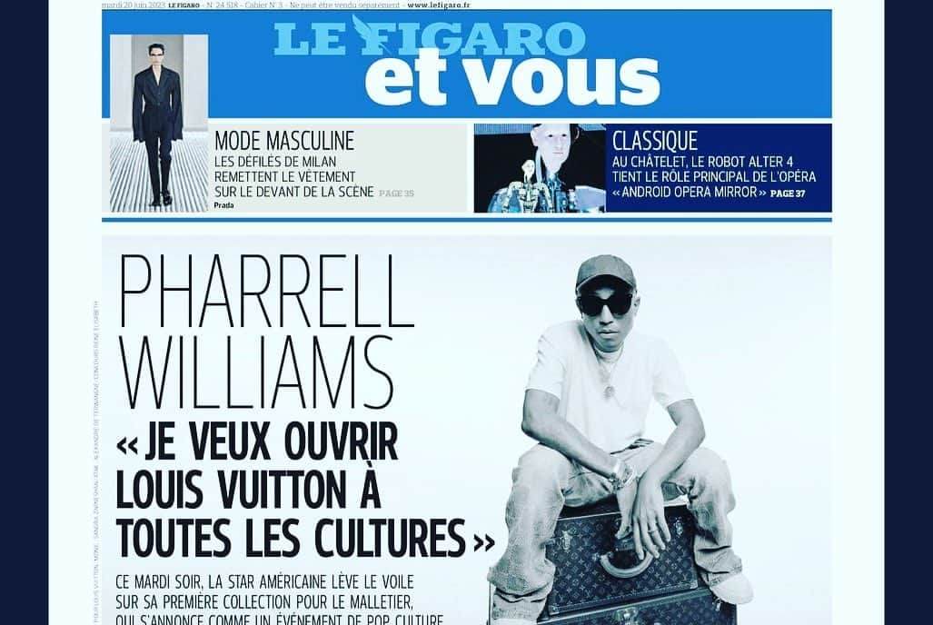 渋谷慶一郎のインスタグラム：「@pharrell with Android Opera.  Thank you @lefigarofr  @lefigaroculture  ルフィガロ紙でファレルの上にアンドロイドオペラが😉」