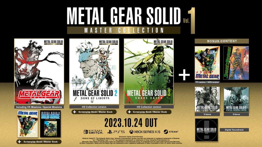 KONAMIのインスタグラム：「METAL GEAR SOLID: MASTER COLLECTION Vol. 1 includes the first 7 games released in the METAL GEAR series, as well as a digital soundtrack with 20 songs and digital books!  The collection launches Oct. 24, 2023  Visit the official webpage for more details 👇 https://konami.com/mg/mc/us/en/  #MetalGearSolid #MGSVol1 #MG35th」