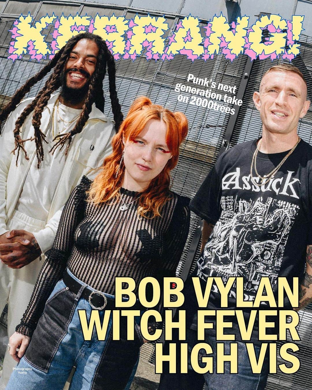 Kerrang!のインスタグラム：「Kerrang! Cover Story 🔥  Next month, 2000trees will bring together everyone from rock veterans to breakout stars for the ultimate celebration of the scene. Ahead of the festival, and to applaud just how incredible UK punk is right now, Bob Vylan, Witch Fever and High Vis come together to put the world to rights…  Read the interview now at the link in bio 🔗  ✍️: Huw Baines 📸: @_yushy  🎨: @aledsavedlatin  #kerrangcoverstory」