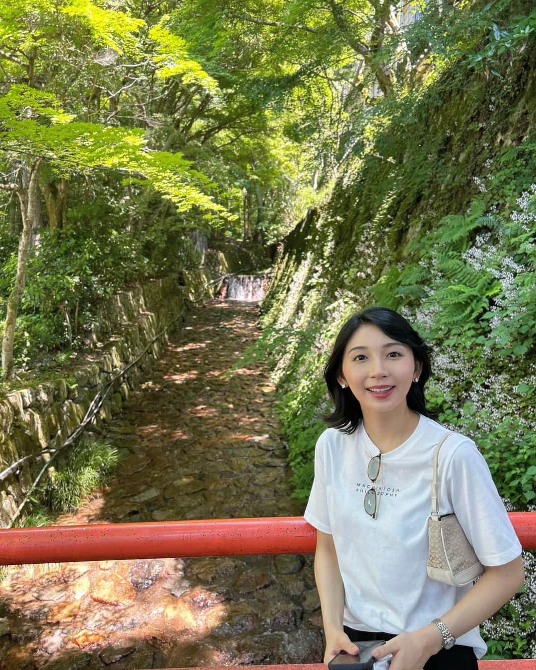 野嶋紗己子のインスタグラム：「川の音とお花と緑と太陽と😊☀️ #京都 ※宝泉院から三千院に歩く途中の景色。」