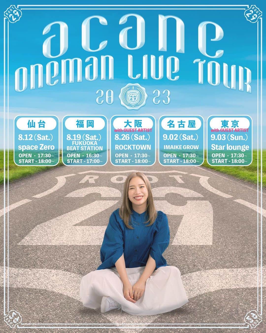 acaneのインスタグラム：「【情報解禁】  acane ONEMAN LIVE tour 2023 《ROOT 29》  8/12  仙台 8/19  福岡 8/26 大阪　大川晴也ゲスト @s.o1023  9/2  名古屋 9/3  東京　Snugsゲスト @snugs_official   決定しました〜！！！💪🏻✨ 初の5都市！ドキドキ！😵💞💞💞  Webチケット購入は ファンクラブ先行 6/24 20:00〜 一般　6/25 20:00〜  となっております🥰🫶 ぜひゲットしてください✨  すでにリハも始まっており気合い十分！ みんなと会えるのを楽しみにしてます！  きてくれますか？🥹✨」