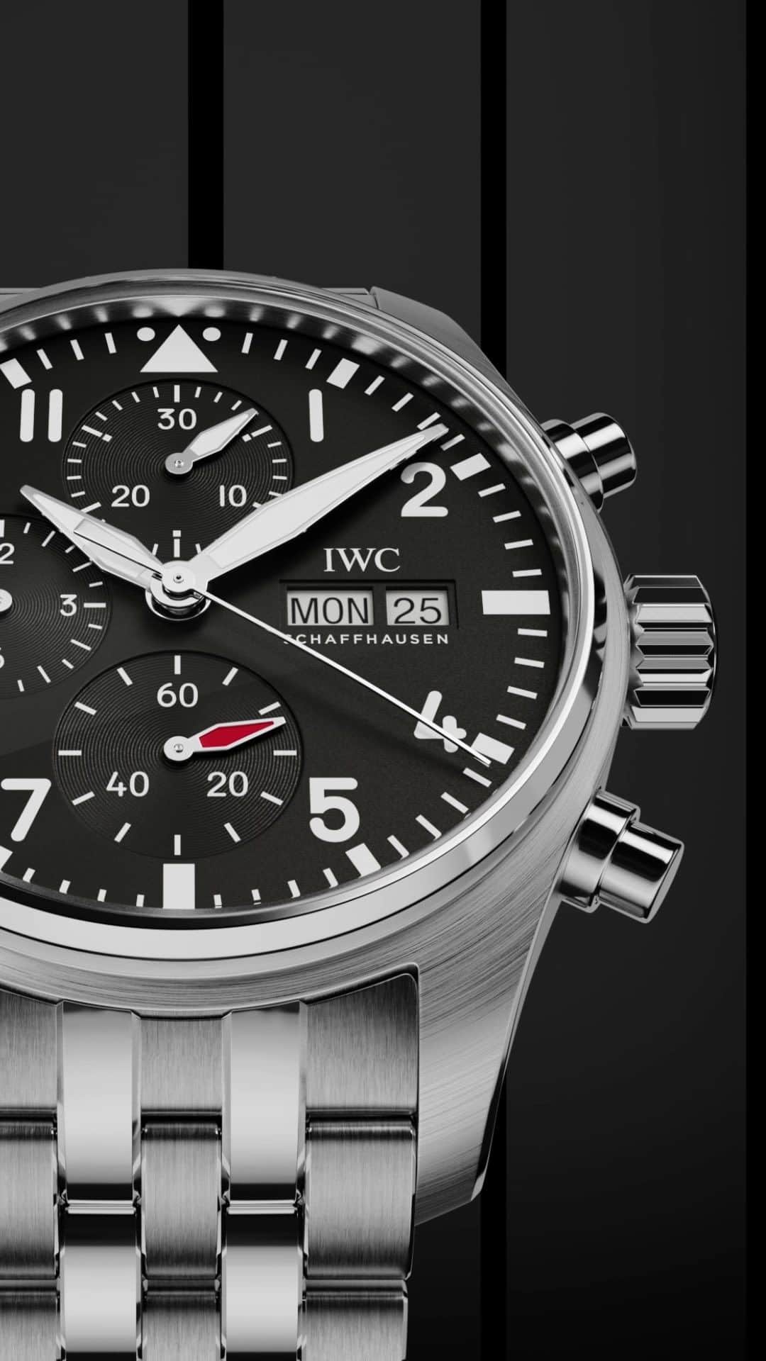 IWCのインスタグラム：「Excellence lies in the fusion of exquisite craftsmanship and robust materials. Our in-house 69385 calibre orchestrates the movement of our #IWCpilot Chronograph with 242 components, visible through its sapphire glass back. #TheReference  🔗Link in Bio  ℹ Ref. IW388113 Black dial Stainless steel case 41mm IWC-manufactured 69385 Calibre See-through sapphire glass back」