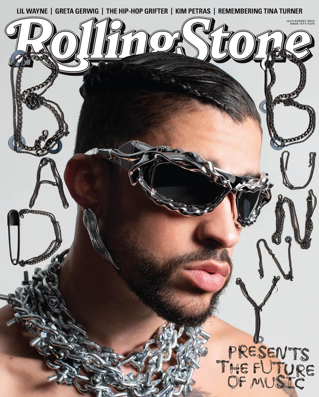 ニコラ・フォルミケッティのインスタグラム：「BAD BUNNY! 🔥 Excited to be collaborating with a game-changer🤘🏼  @badbunnypr for @rollingstone cover  Photographer @danielsannwald  Fashion by @nicolaformichetti  Special thanks to Director of Photography & Deputy Creative Director @emma.v.reeves   Cover Fashion  Necklace @apt.1007  Sungalsses by @ottolinger1000  Earring @xtended_identity   Hair @nikkinelms  Makeup @kilprity  Styling assistance @crushedleather   #BadBunny #RollingStoneMagazine」