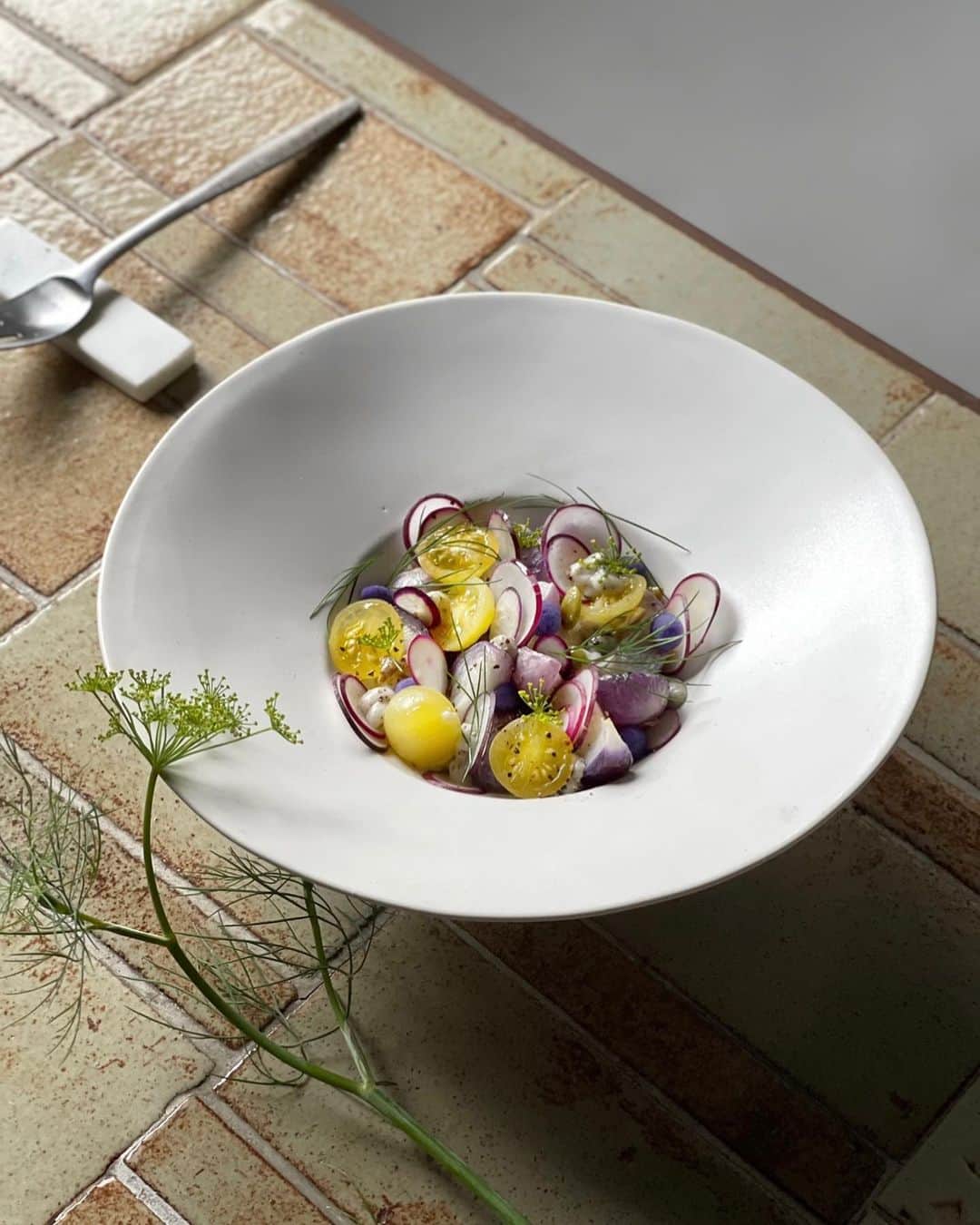 Chinamiのインスタグラム：「野菜の素揚げとディルのサラダ 丸くて小さな粒は、紫芋です😋  #サラダ #野菜 #家庭菜園」