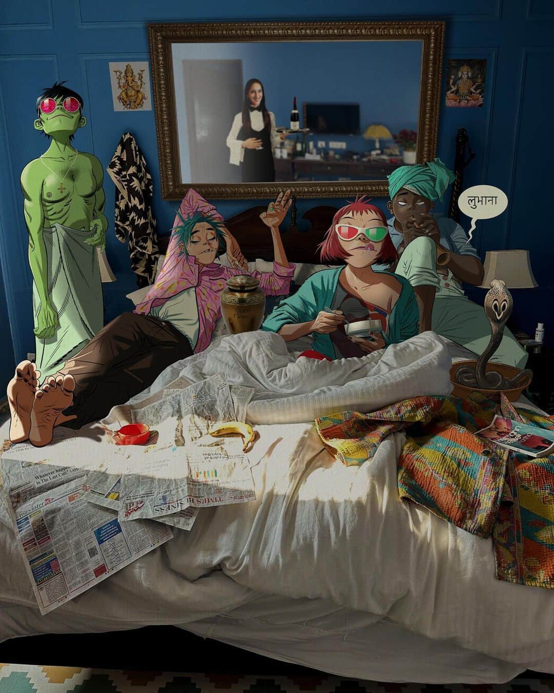 Gorillazのインスタグラム：「The LAPD issue a search warrant for their LA mansion leaving Murdoc, 2D, Russel and Noodle with no choice but to flee to New York where they pick up fake passports from an old friend of Murdoc’s, next stop…Mumbai.  Bon voyage, Stuart, Matlock, Rusty, and Nödel. सुरक्षित प्रवास ✈️」