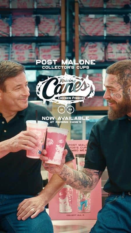 ポスト・マローンのインスタグラム：「So much love for the Cane’s in Midvale, UT! We’re so happy to bring a little bit of that love to every Cane’s across the country! Starting today, June 21st, with the launch of our 4 limited edition Collector’s Cups! See link in bio for more details. Cups are limited so get yours fast :)」