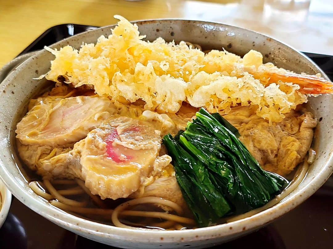 のインスタグラム：「『蝦天とじ(えび天とじ)』  北海道千歳にある「ごまそば一茶庵」と言うお店の一品！　  玉子が甘いだし汁をすっていて美味しいのです、えび天もぶりんぶりん(^○^)　  #北海道#千歳#そば#蝦天とじ#えび天とじそば#ごまそば一茶庵#レギュラー松本#あるある探検隊」