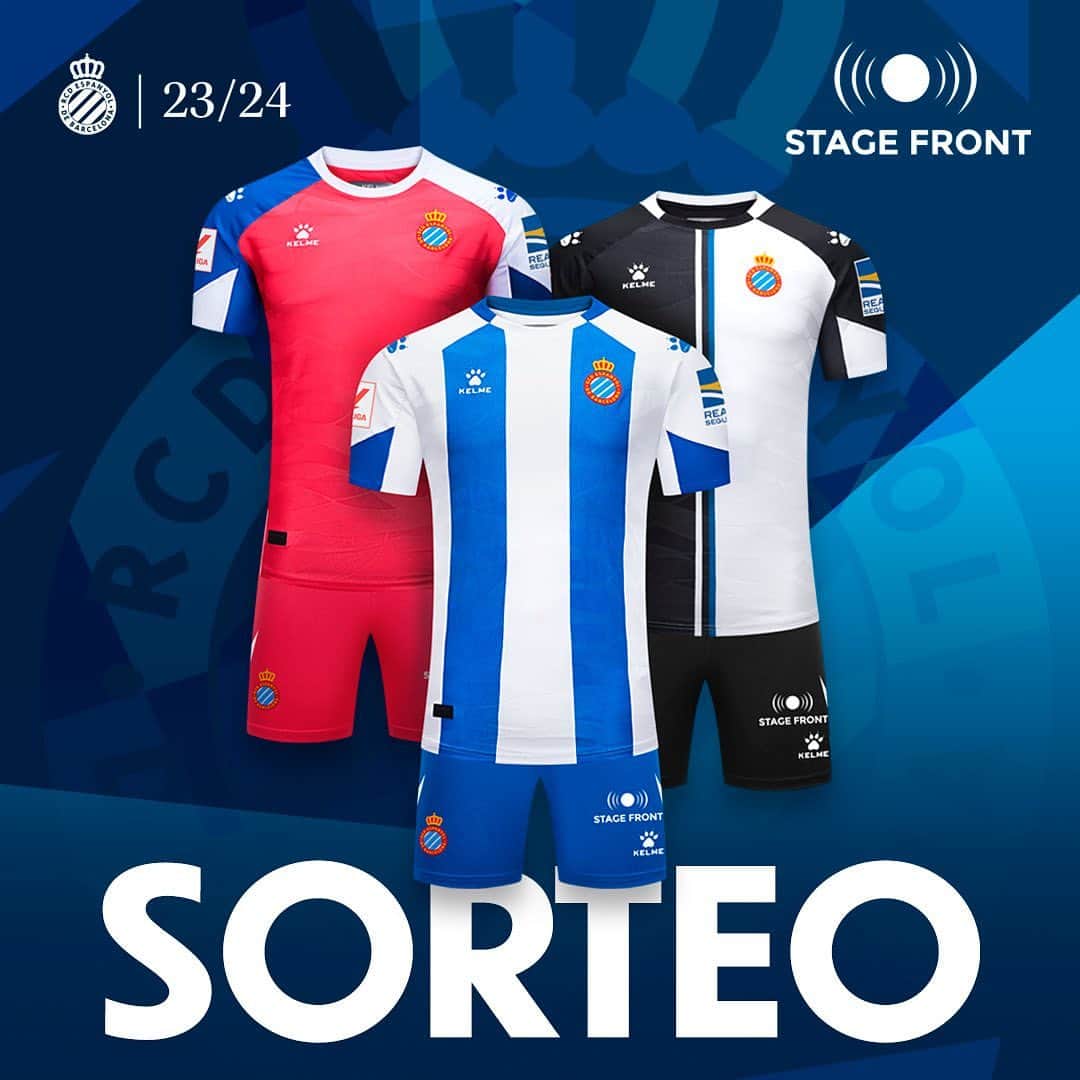 RCDエスパニョールのインスタグラム：「🥁 SORTEO | 😏👕 ¿Quieres alguna de las nuevas equipaciones #RCDE?   1⃣ Dale 💙 al post 2⃣ Menciona a 2 amigos pericos 3⃣ Sigue a @RCDEspanyol, @stagefrontstadium y @stagefront   ⭐️ Comparte este post en stories y etiquétanos para una participación extra (si tienes cuenta privada, mándanos una captura por DM)  🍀 ¡Suerte!」