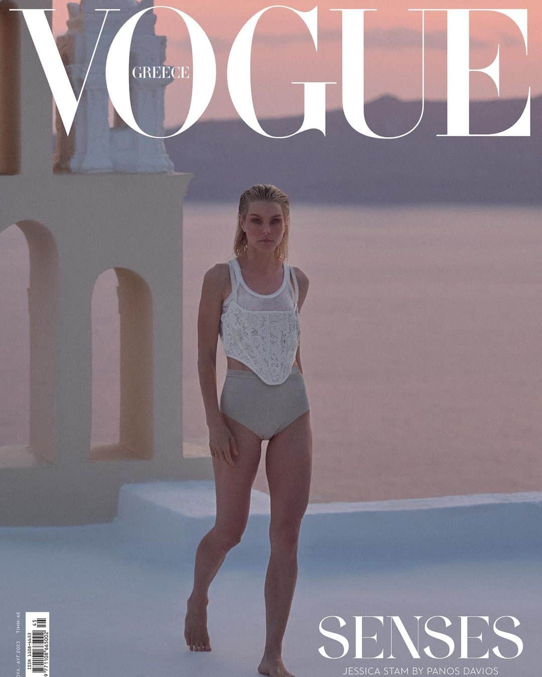 ジェシカ・スタムのインスタグラム：「This was the last shot we did of the two day @voguegreece cover shoot. We were on top of an old church building, listening to high and dry by Radiohead. It was such a good vibe. It had been a long shoot and we were all cold and tired but the magic was still there. Santorini has the most beautiful sunsets.   Editor-in-chief: @thaleiavoguegr Creative and Fashion Director: @nicholasgeorgiou_ Art director: @rinetta_._ Photographer: @panosdavios Fashion Editor: @ohmygeorges Makeup artist: @sophiakossada Hairstylist: @christosvourlis Casting Director: @marina.fairfax Photographer's assistant: @katerinagoritsa Digital Operator: @postmodelondon Fashion assistants: @chrysa.chr @ath.rou Production manager: @jojodaniil Special thanks to @aloiavillas in Santorini for the hospitality」