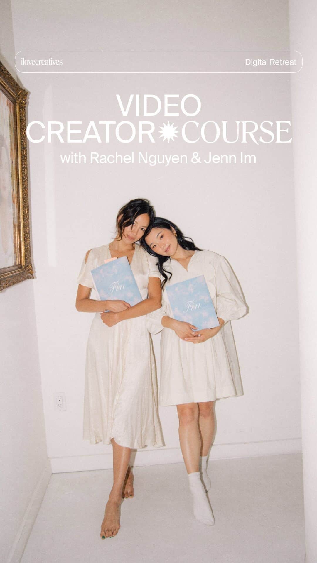 のインスタグラム：「Wanna learn how to create a video? Snag a spot in the Video Creator Course’s Summer Digital Retreat. 📹⁣ ⁣⁣ I’ll be teaching all things video creation alongside Rachel of @thatschic at @ilovecreatives for a four-week (8 live calls)  Digital ℛetreat  where you’ll learn our process for creating a video from start to finish—while you work on one too!⁣⁣ ⁣ Here are the deets:⁣ ⁣ When is it?⁣ ⁣ 🗓️July 18th - August 10th on Tuesdays and Thursdays, from 3:00 - 4:30 PM PT.⁣ ⁣ - Week 1: Orientation, Brainstorming⁣ - Week 2: The Creative Brief, Treatment⁣ - Week 3: Film/Edit, Office Hour, Draft Feedback⁣ - Week 4: Showcase 1 & 2⁣ ⁣ What is included?⁣ ⁣ - The Video Creator Course with That’s Chic⁣ - “The Creative Process” physical workbook⁣ - 8 Live Calls with Rachel & me⁣ - Access to the special Discord Channel for digital retreaters like you to connect, get questions answered, and share video lurve.⁣ ⁣ How?⁣ ⁣ Head to the linkinbio and save your spot for the course and retreat before Thursday, June 29th at 11AM PT.」