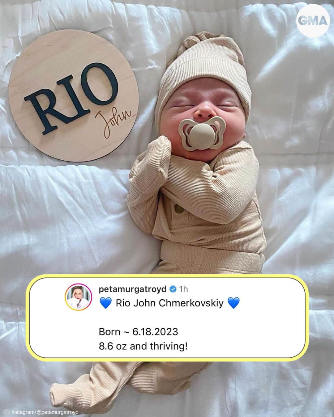 Good Morning Americaさんのインスタグラム写真 - (Good Morning AmericaInstagram)「"Dancing with the Stars" pros @petamurgatroyd and @maksimc have revealed the name of their newborn son! 💙  Alongside a sweet photo of their newborn, Murgatroyd announced his name is Rio John Chmerkovskiy and he was born on June 18. She shared that Rio weighed 8 pounds, 6 ounces at birth and is "thriving!"  MORE at the link in bio.」6月22日 6時43分 - goodmorningamerica