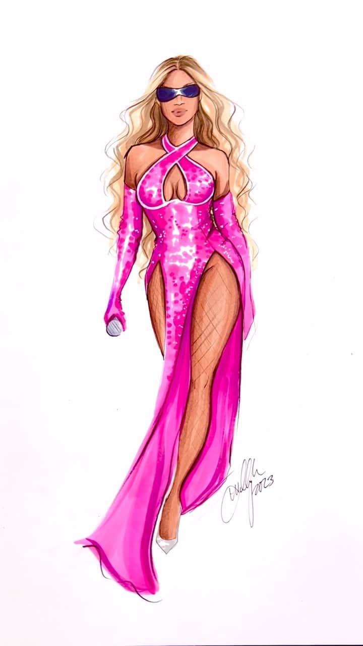 Holly Nicholsのインスタグラム：「Beyoncé in custom Ivy Park, styled by @shionat 💕 #beyonce #renaissanceworldtour #beyhive #asmr #asmrsounds #fashionillustration #copicmarkers #illustration」