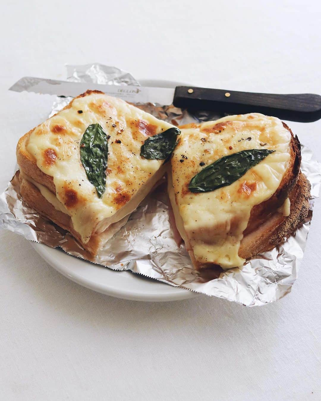 樋口正樹さんのインスタグラム写真 - (樋口正樹Instagram)「Croque Monsieur . 今朝はクロックムッシュで ホワイトクリームとチーズ たっぷりの熱々のとろーり。 バジルのせると爽やか夏味😋 . パンはタカキベーカリーの 石窯イギリスパンの８枚切。 風味、食感、厚み、形など クロックムッシュにお勧め。 @takaki_bakery_official . . . #クロックムッシュ #ホットサンド #ロースハム #グリュイエールチーズ #ベシャメルソース #チーズたっぷり #イギリスパン #石窯イギリスパン #タカキベーカリー #croquemonsieur #takakibakery #toastsforall #toastgram」6月22日 8時02分 - higuccini