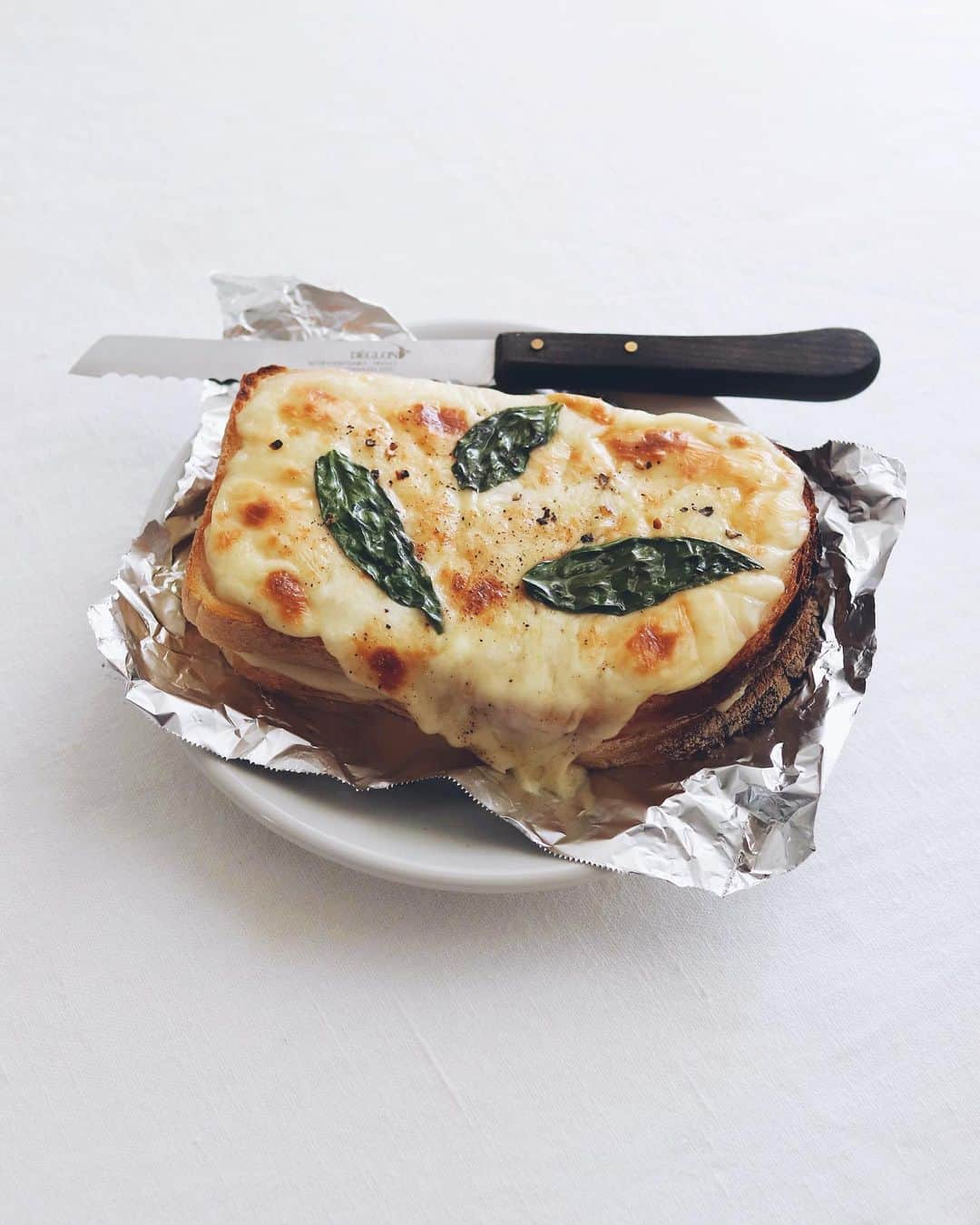 樋口正樹さんのインスタグラム写真 - (樋口正樹Instagram)「Croque Monsieur . 今朝はクロックムッシュで ホワイトクリームとチーズ たっぷりの熱々のとろーり。 バジルのせると爽やか夏味😋 . パンはタカキベーカリーの 石窯イギリスパンの８枚切。 風味、食感、厚み、形など クロックムッシュにお勧め。 @takaki_bakery_official . . . #クロックムッシュ #ホットサンド #ロースハム #グリュイエールチーズ #ベシャメルソース #チーズたっぷり #イギリスパン #石窯イギリスパン #タカキベーカリー #croquemonsieur #takakibakery #toastsforall #toastgram」6月22日 8時02分 - higuccini