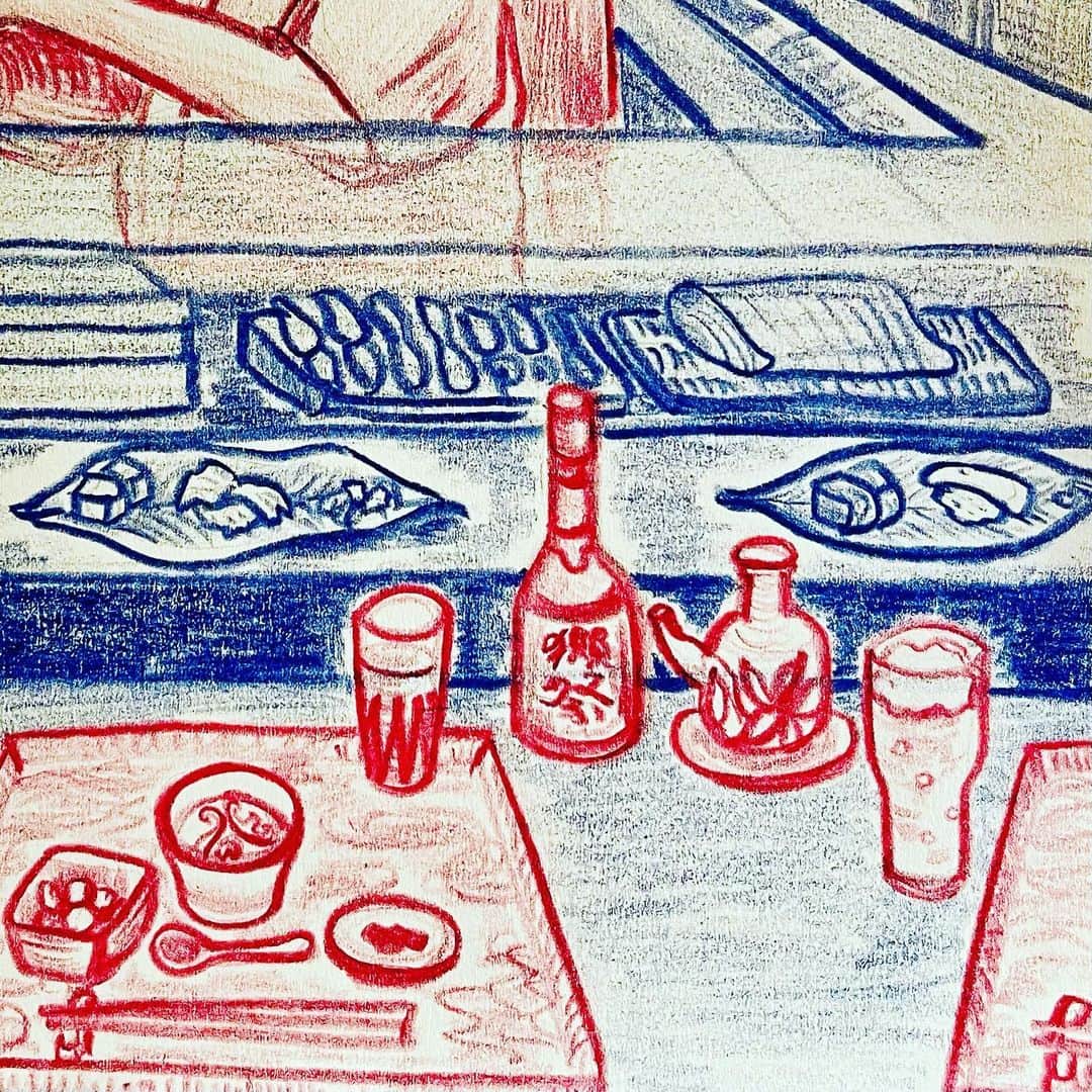 池田有希子さんのインスタグラム写真 - (池田有希子Instagram)「行きつけの美味しくてお安いお寿司屋さん。ディテールは全く想像で描いてるけど、ほらすぐにスケッチなんて出来ないし、店内のお写真は撮っちゃいけないし。記憶がフレッシュなうちに！と頑張るけど、実に自分の脳味噌がいい加減かわかる🤣  #sketchbook #sketchbookdrawing #sushi #illustration」6月22日 8時58分 - yukikoikeda