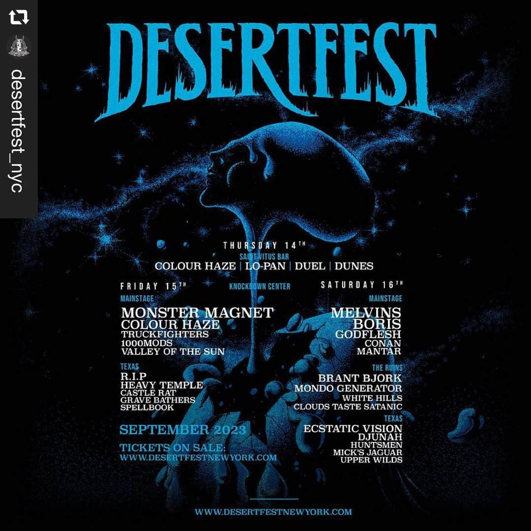 BORISさんのインスタグラム写真 - (BORISInstagram)「See you guys there! with Melvins!!!  #repost @desertfest_nyc  Your full line-up for DF NYC 2023 awaits and we are stoked to be welcoming UK doom heroes @hailconan, Nick Oliveri’s stoner outfit @mondogenerator and multi-instrumentalist’s @djunahband to round off this monumental third edition 🧿  Day tickets for the festival are now on sale and stage splits are here, where the eager-eyed of you will notice that an additional third stage ‘The Ruins’ will be added to the @knockdowncenter on Saturday 16th September, for the very first time.  Plus, due to phenomenal demand with @saintvitusbar pre-party selling out instantly, we’re stoked to reveal that @colourhazeband will play two sets over the weekend, pulling from the bands expansive catalogue and promising no repeats! Desertfest NYC will be the bands only U.S. performance and frontman Stefan Koglek shared the following “We even intend to rework the 22-minute epic “Peace, Brothers & Sisters!" which we haven't been playing since 2018 for the show at Saint Vitus...’ so for those who managed to snag a three-day pass, you’re surely in for something special.  With just three months to go, Desertfest is poised to be the East Coasts’ biggest celebration of underground heavy music. With an array of specially curated vendors, food trucks and killer after-parties, all still to be announced, we’re promising you an unforgettable weekend of exceptional live performances, electric energy and unrivalled rock 'n' roll spirit…⛓ Day tickets and 2-day passes for Desertfest NYC are on sale now via -  www.desertfestnewyork.com || @dicefm  JOIN US!  Artwork by @callumrooneyart •  #desertfest #dfnyc #dfnyc2023 #desertfestnewyork #melvins #boris #stonerrock #jkflesh #desertrock #justinbroadrick #1000mods #stoner #stonerdoom #truckfighters #kyuss #palmdesert #brantbjörk  #godflesh #godfleshband #colourhaze #nickoliveri #quotsa #conan #doom #mantar」6月22日 14時39分 - borisdronevil