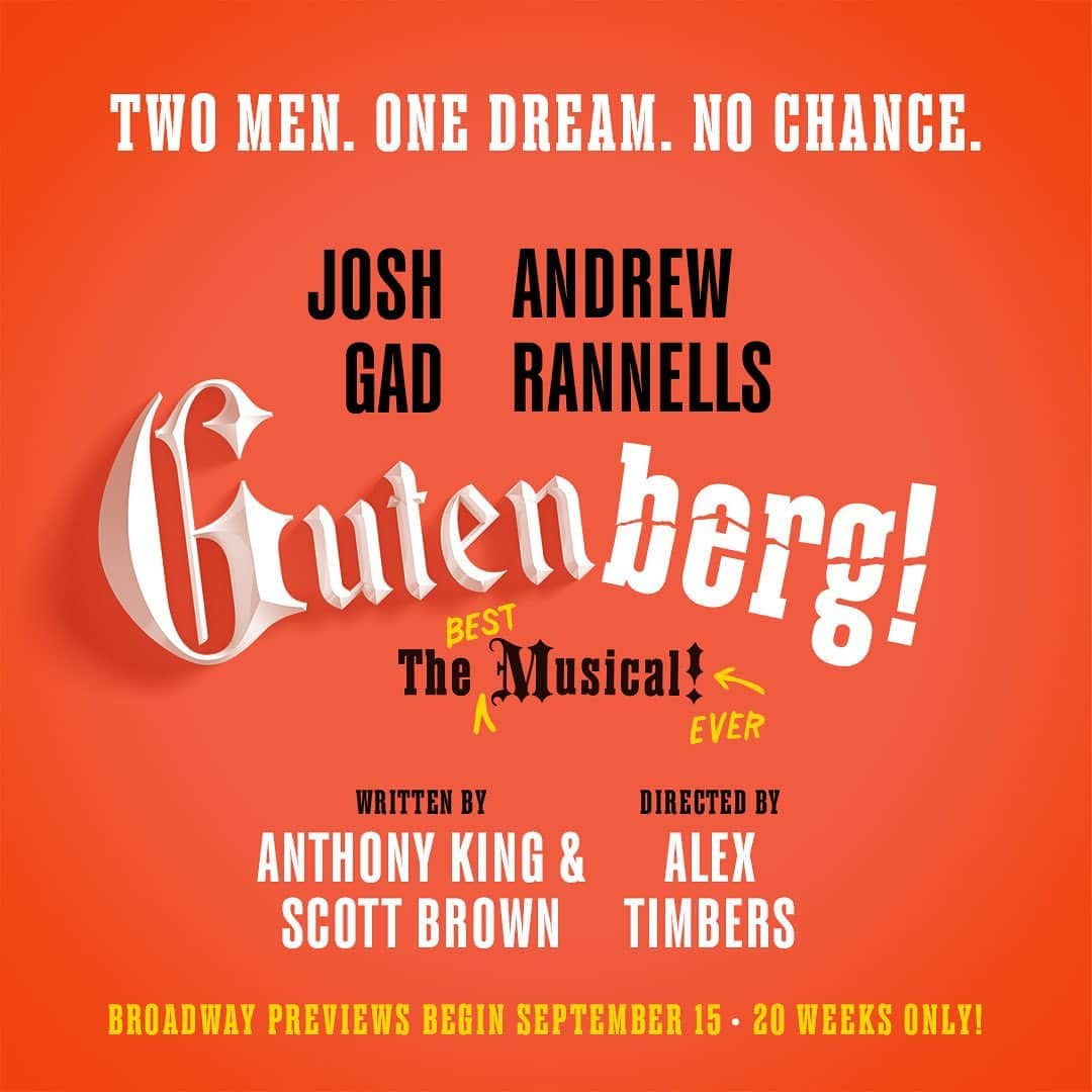 ジョシュ・ギャッドのインスタグラム：「Ladies and gentlemen, I’m headed back to Broadway… once I find an Uber that will take me cross country. So excited to force @andrewrannells to work with me again after a per-negotiated 12 year separation. Get ready for #Gutenberg at the James Earl Jones Theater this Fall! (That last sentence was meant to be a reminder in my calendar), but you guys should also get ready!」