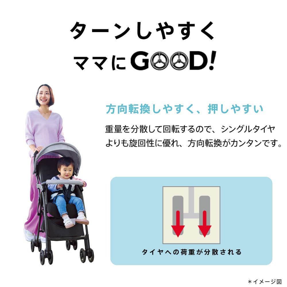 アップリカさんのインスタグラム写真 - (アップリカInstagram)「【ベビーカーは「ダブルタイヤ」でダブルのGOOD！「安心」で選ぶならやっぱり「ダブルタイヤ」】   ​ベビーカーのタイヤにはダブルとシングルがあり、どちらがいいの？という疑問をお持ちの方も多いと思います。   どちらにも良いところがありますが、「安心」で選ぶならダブルタイヤ。​   ​ダブルタイヤの２つのGOOD！ 1つめは、重量を分散して回転するのでターンしやすく、ママにGOOD！ 2つめは、地面との設置点が多く抜群の安定感で赤ちゃんにGOOD！   さらに、道路の隙間などにはまりにくく、万一タイヤを取られても車体が大きく傾いたりしにくいので、安心・安全です。​   #赤ちゃん医学で守りたいいままでもこれからも#アップリカ#赤ちゃんグッズ#赤ちゃん用品#Aprica#ベビーカー#ベビーカー選び#ベビーグッズ#ベビー用品#出産準備#妊娠#妊婦#プレママ#ベビー#0歳#育児#赤ちゃんのいる生活#子育て#ママ#パパ育児#赤ちゃん#A型ベビーカー#B型ベビーカー#ダブルタイヤ」6月22日 17時31分 - aprica.jp_official