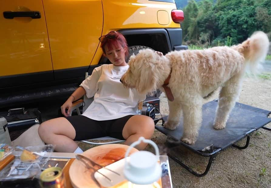 マルコスのインスタグラム：「先日の @venti_marucos との車中泊キャンプ🏕️ 和歌山で一緒にホタル見た🫣  動画もあげてるからYouTubeみてね✌🏻  #camping #キャンプ　#車中泊　#goldendoodle」