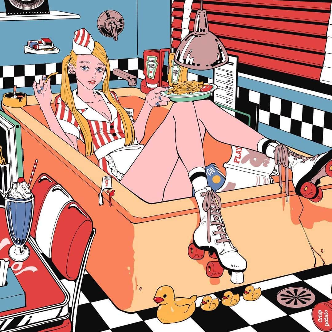 NAKAKI PANTZのインスタグラム：「🧼🍟(bathroom) 2021 . 昨年10月に刊行させて頂いた作品集「CHERISH」が、おかげさまで3月に『重版出来』となりました！ (ご報告が遅れ申し訳ありません)  皆様いつも本当にありがとうございます。 巡回展も引き続きよろしくお願いいたします。 . . #illustration#illustagram#artwork #일러스트#그림#삽화 #絵#イラスト#アート」