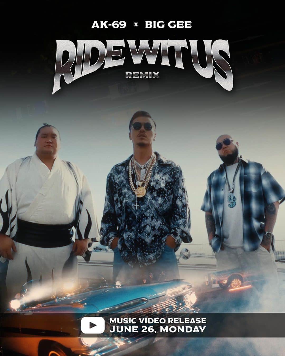 のインスタグラム：「- "Ride Wit Us REMIX feat. BIG GEE"  Music Video on YouTube 2023.06.26 mon 9:00 pm (GMT +9) JAPAN 8:00 pm (GMT +8) MONGOLIA  AK-69の最新楽曲"Ride Wit Us"をモンゴルのトップラッパー BIG GEEがREMIX！ リリースに先駆けMusic Videoを先行公開決定。  #AK69 #BIGGEE #照ノ富士 #JAPAN #MONGOLIA #REMIX」
