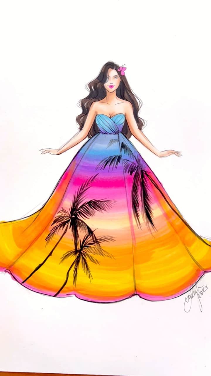 Holly Nicholsのインスタグラム：「Sunset Dress 🌅🌴 #fashionillustration #illustration #asmr #copicmarkers #illustration #copic #asmrsounds #relaxing #oddlysatisfying」