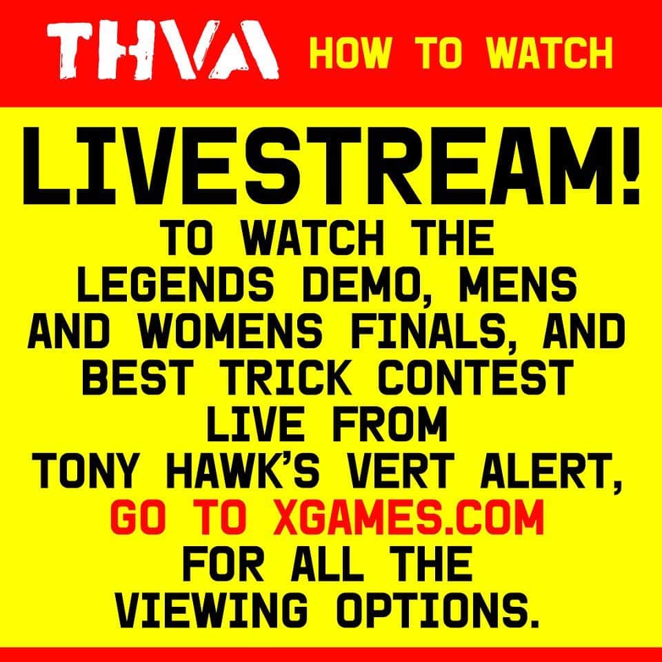 トニー・ホークのインスタグラム：「Here is the official schedule for @thvertalert, free to the public and streaming live at xgames.com Thanks to all of our sponsors for making this dream a reality: @stateofsport @mediatek_inc @skatelite @shred_it_official @hotwheelsofficial @woodwardparkcity @mmsubaru @daysof47rodeo @xgames」