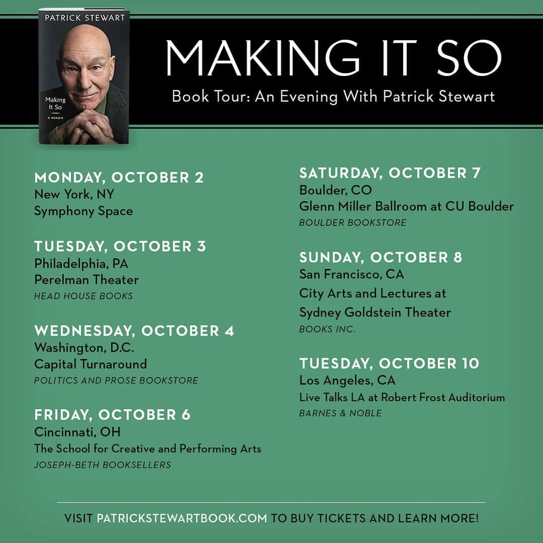 パトリック・スチュワートのインスタグラム：「Starting today, you can purchase tickets to attend the MAKING IT SO Tour in the US. I'm so looking forward to these events and conversations about my memoir — thank you to all of the bookstores and venues for hosting.   Tickets on sale now. More information at PatrickStewartBook.com. Link in bio.   Information forthcoming on UK events.」