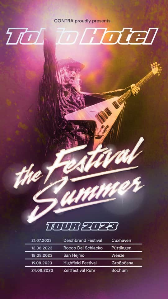 のインスタグラム：「In weniger als einen Monat spielen wir die erste Show unserer Festival Summer Tour 2023! 🤯 Wir sind ready, und ihr?! Holt euch jetzt euer Ticket und wir freuen uns mit euch zu feiern! 🥳❤   Less than a month until we play the first show of our Festival Summer Tour 2023! 🤯 We are ready, how about you? Get your ticket now and we can't wait to see you there! 🥳❤   Tickets: https://www.contrapromotion.com/Kuenstler-innen/Tokio-Hotel/」