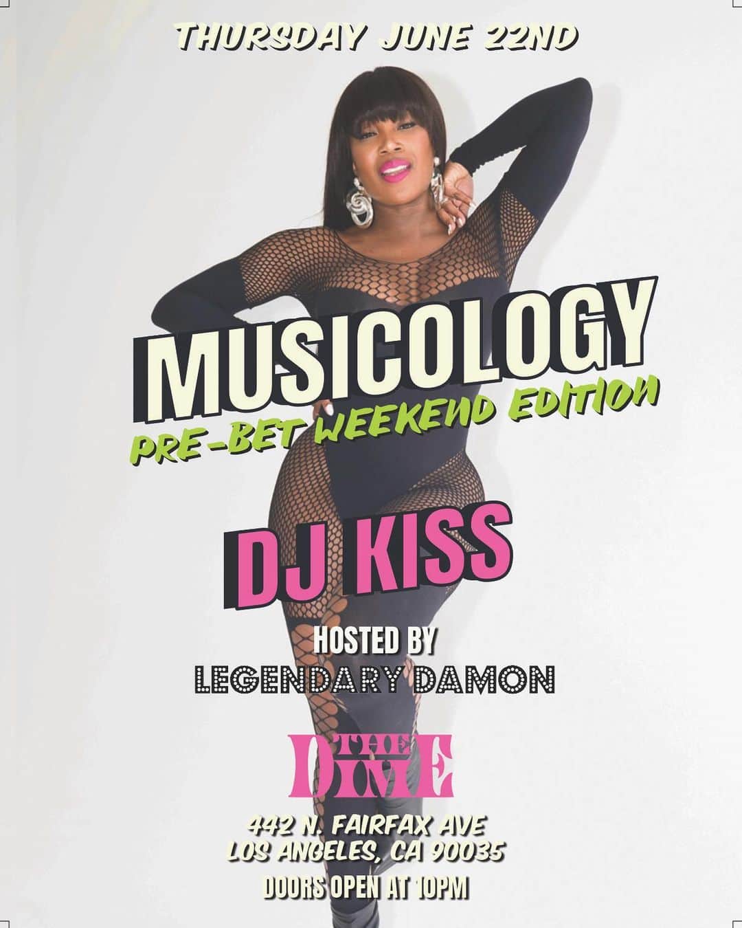 Kissのインスタグラム：「My monthly party, Musicology, is back tonight at @thedimela!! I’ll be playing all the jams and tonight my OG boo @legendarydamon is hosting!! If you’re in LA, come have a drink and a two-step with us!! 💃🏾🕺🏾🪩」