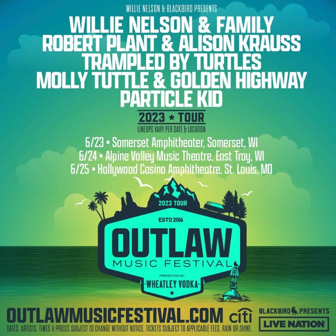 アリソン・クラウスのインスタグラム：「@robertplantofficial and Alison are kicking off the 2023 Outlaw Music Festival Tour this Friday, June 23rd at @somersetamp in Somerset, WI with @willienelsonofficial @tbtduluth @mollytuttle and @particlekid. Come celebrate Willie’s 90th. They will be heading to @alpinevalleytheatre on Sat 6/24 and @hollywoodampstl on 6/25. More info at @outlawmusicfestival #outlawmusicfestival @blackbird_presents」