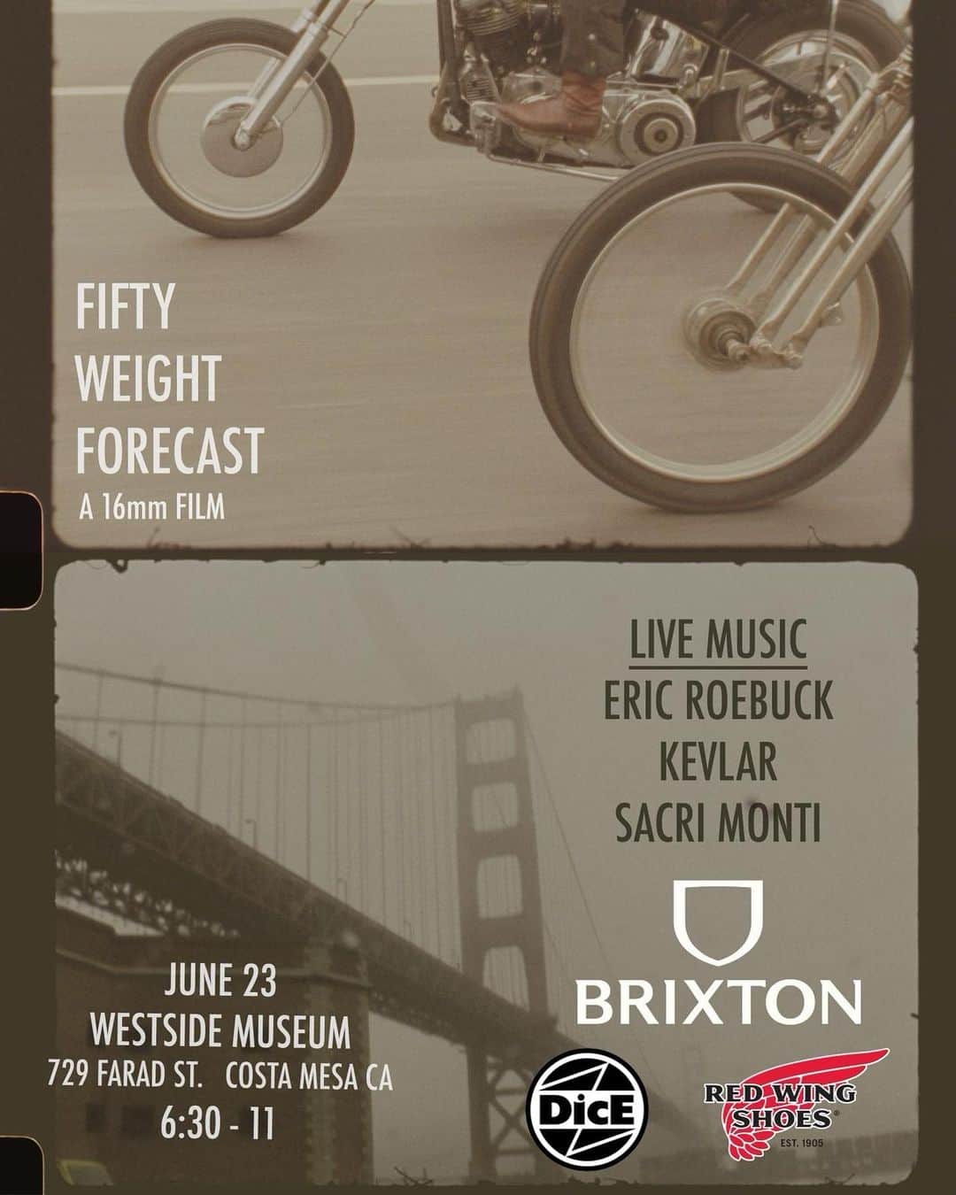 ブリクストンのインスタグラム：「Fifty Weight Forecast Premiere tomorrow night! @westsidemuseum   Live music, food, drinks & more. 21+, free entry. See you there!  Chopper Photobooth Best Chopper Prize  100th Anniversary Issue @dicemagazine」