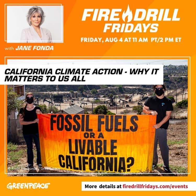 ジェーン・フォンダのインスタグラム：「Repost from @firedrillfriday • Firefighters. Did you know California has a law banning the sale of new gas-powered cars after 2035? Now, more than 17 other states are considering similar moves. When it comes to bold action aimed at protecting our planet and communities from climate disaster, how did the Golden State become a trendsetter for the rest of the nation?⁣ ✨⁣ Join actor and activist, Jane Fonda, and Distinguished Professor of Sociology at the University of Southern California, Manuel Pastor, Ph.D., for an enlightening and lively conversation about why the future of our climate – and politics – may lie with California.⁣ ✨⁣ We will see you LIVE on Friday, August 4 at 11am PT / 2pm ET on firedrillfridays.com, the FDF Facebook page, Greenpeace USA Twitter, or Greenpeace USA YouTube.⁣ ✨⁣ #FireDrillFridays #GreenpeaceUSA #ClimateCrisis #ClimateEmergency #California #GoldenState #Community @janefonda @firedrillfriday @greenpeaceusa」