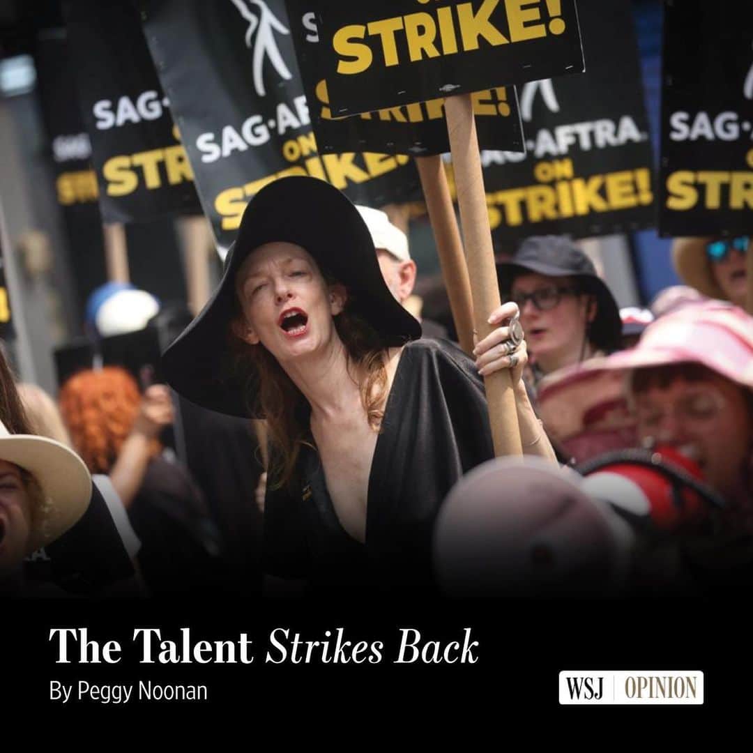 Wall Street Journalさんのインスタグラム写真 - (Wall Street JournalInstagram)「The struggle between the writers and actors unions and the Alliance of Motion Picture and Television Producers looks to me as if it will go long and be epic. We may look back on it as one of the consequential labor actions of the 21st century, writes Peggy Noonan for @wsjopinion.  The industry said in 2021 that film and television directly create 336,000 jobs and support 2.4 million. Whatever your just criticism of its products, we want this story-telling industry to continue. You want it employing people who are trying and reaching, you want its art and the arts in general to flourish, because without them we’d be less human, less whole.  SAG-Aftra’s going in raises all stakes, heightens passions and puts sharper emphasis on the existential aspects of the struggle. If the strike continues through the fall, people will cancel their streaming subscriptions because “there will be no programs.” The longer the strike, the greater the damage to a major American industry.  Both sides share a goal: perpetuation of the industry. It’s only a three-year contract. Neither side has to reach Nirvana; while reality sorts itself out, solid steps in the right direction are progress. Talks should begin. Being at the table and saying nothing is better than not being at the table.  In the end, producers will have to take a more generous share-the-eventual-wealth approach to talent, and put it on paper. A prediction: If they continue to stiff them, they won’t succeed in breaking the unions but they will embitter the industry for a generation.  Read more at the link in @wsjopinion’s bio.  Photo: Mike Segar/Reuters」7月22日 8時27分 - wsj