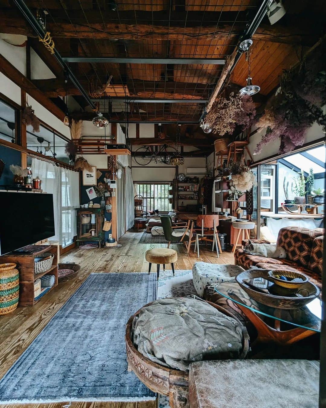 tamiのインスタグラム：「* #マッシュとレノン *  定期的定点観察🏠 と それぞれの定位置🥔🐺  昨日また模様替えしたから 今とはまたちょっと違うのだけど 記録がてら✍  今日は植物を見に園芸店に行くよ🪴  * #犬との暮らし#犬のいる暮らし #保護犬#里親#元保護犬#犬バカ部 #フレンチブルドッグ#雑種犬 #家#平屋#古い家#サンルームのある家  #日々のこと#暮らし#アンティーク家具」