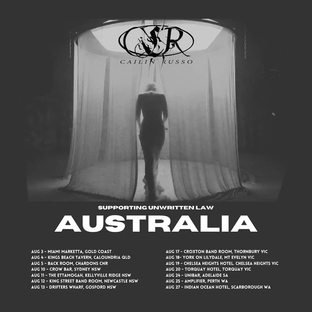 ケイリン・ルッソのインスタグラム：「Australia … see u in august 🖤 vrry excited to be supporting my dad on the road @unwrittenlawofficial」