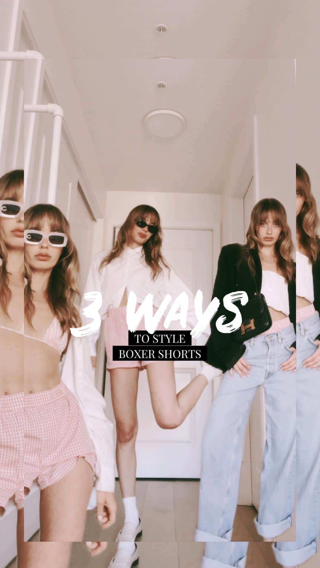 SONYA ESMANのインスタグラム：「3 ways to wear boyish boxers in a modern, feminine way 🤍 1. with a matching bikini top, loose cover up shirt, sandals and a beach bag 🏝️ 2. with a half-tucked shirt, loafers, sunglasses and a book bag. 💻 3. tucked into boyfriend jeans, a crop top, blazer and heels. 🚶🏼  🩳 boxer shorts by @thesleepcode via @fromthelobby」
